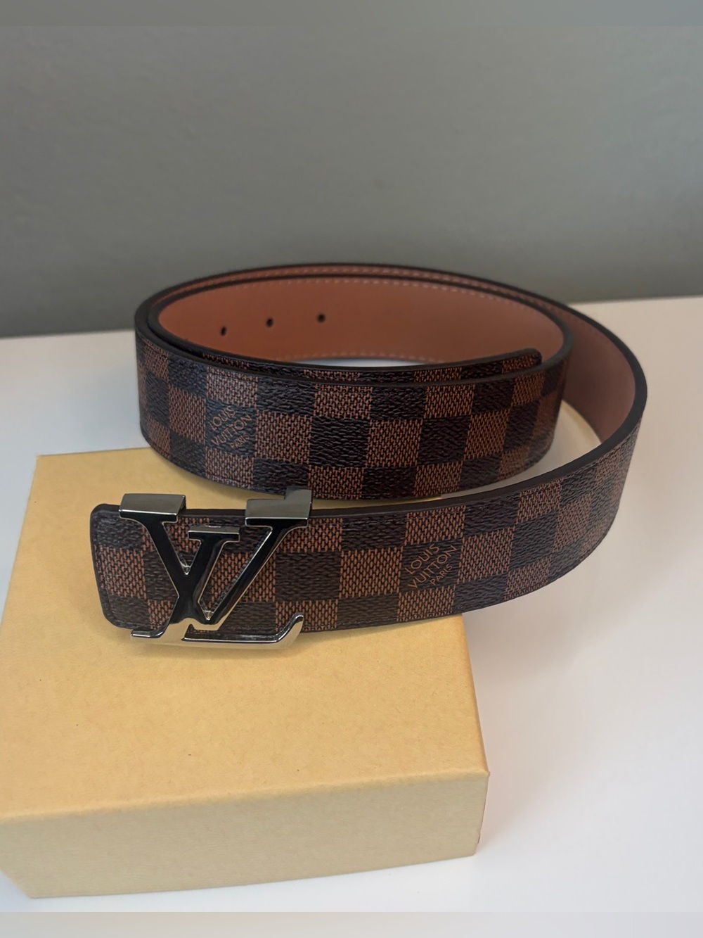 Mens Brown & Silver Checker Genuine Leather Belt Fits Waist 33-35